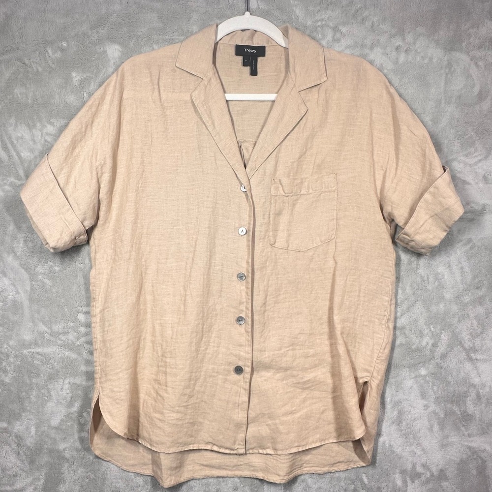 Theory Linen Blend Button Down Shirt Short Sleeve Pocket Beige